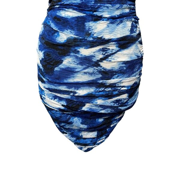 NWOT MISCREANTS One-Shoulder Ruched Mini Dress in Blue Tie Dye - Picture 4 of 12